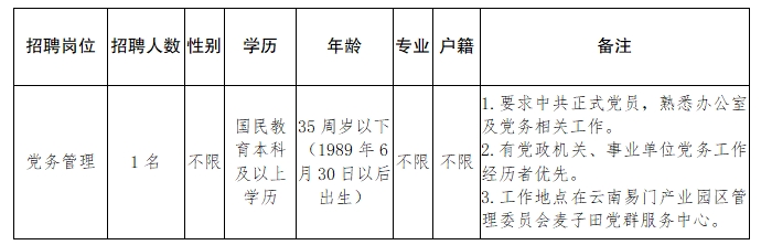 2024年云南玉溪易门产业园区管理委员会招聘党务管理员公告